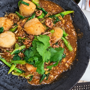 Pan Seared Scallops Egg Noodle, Chinese Broccoli Crab Sauce