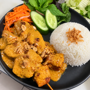 Chicken Skewers Satay Sauce with Jasmine Rice (2pc) GF Mild [nuts]